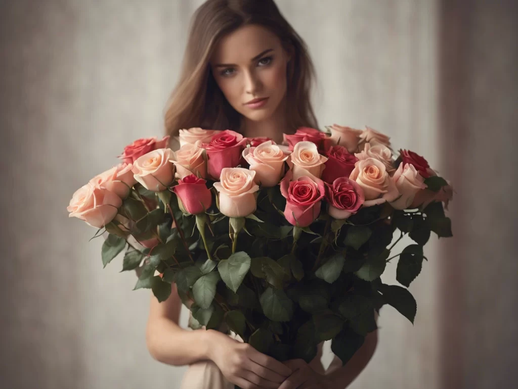 Mujer Feliz con su ramo de Rosas