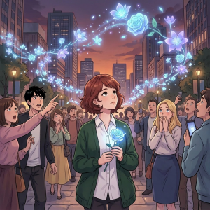 Young woman holding glowing blue rose with magical flowers floating in city street