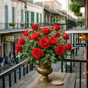 Bouquet of red roses in a brass vase on a balcony table with New Orleans street signs